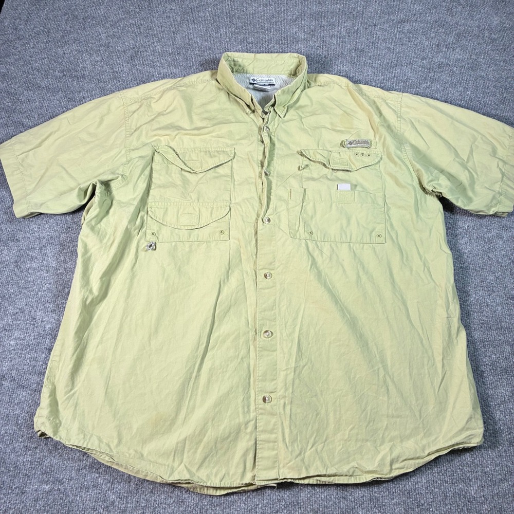 Columbia PFG Fishing Shirt Mens XL Green Good Short Sleeve Vented Cotton FM7130